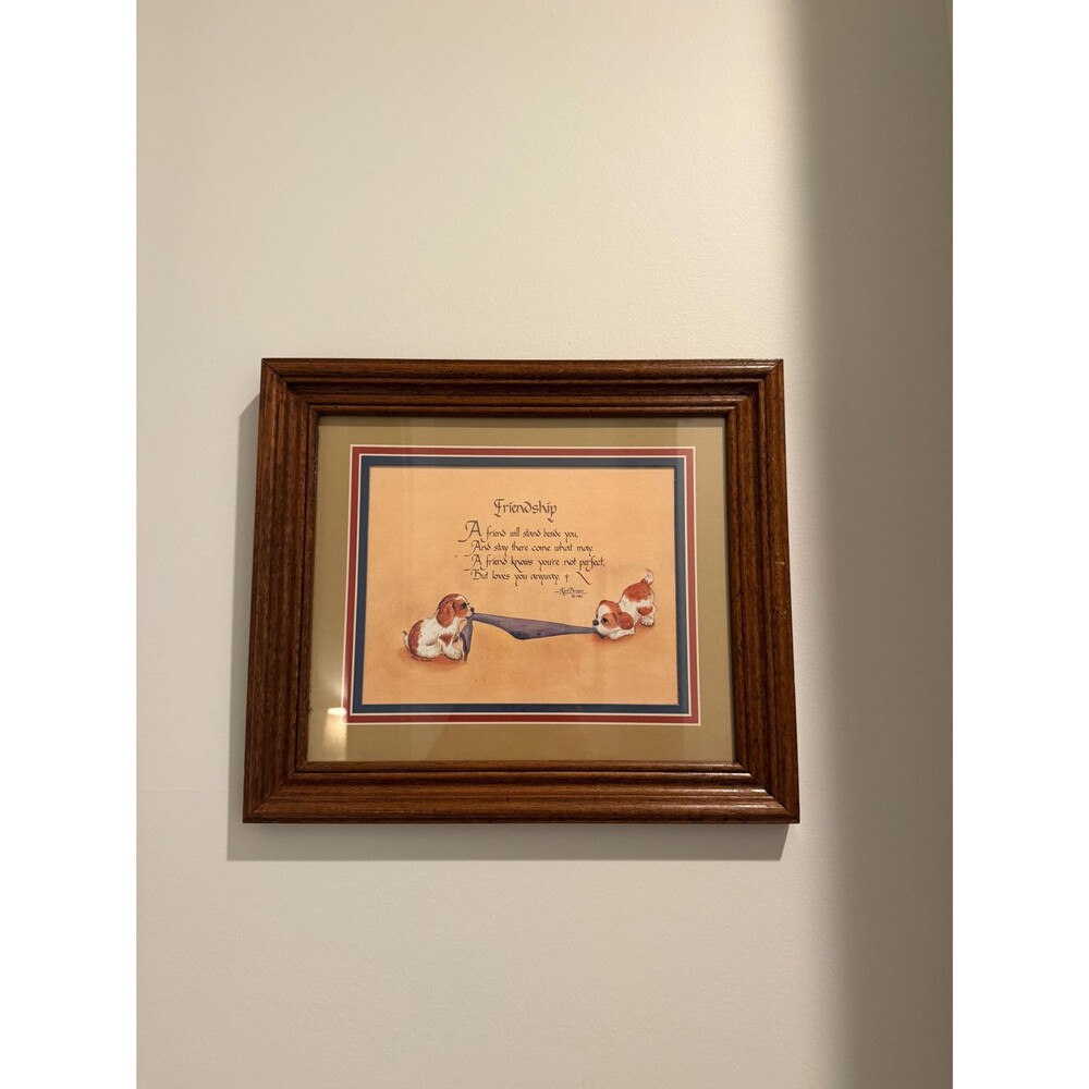 Vintage Framed Calligraphy Print, Ken Brown Friendship Poem Puppies